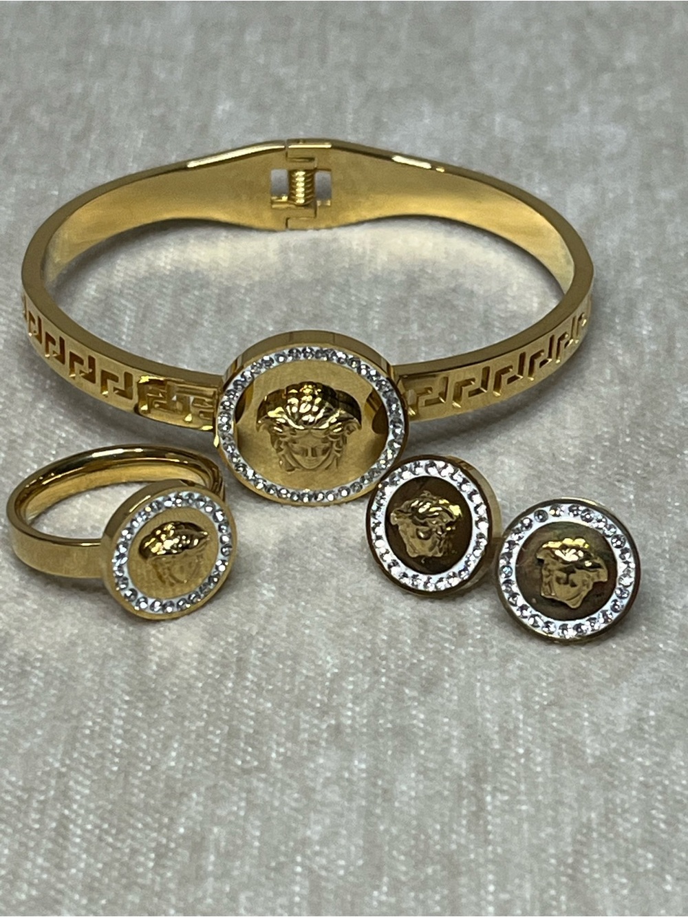 Gold Medusa Motif Bracelet, Ring & Earring Set - Gold Tone Women’s Jewelry